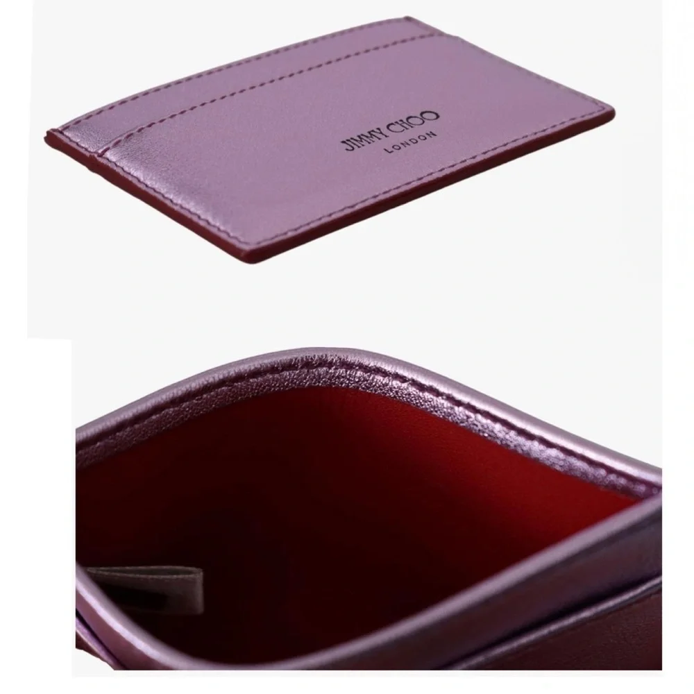 JIMMY CHOO Leather Metallic Lavender Lilac Card Holder logo Wallet NEW